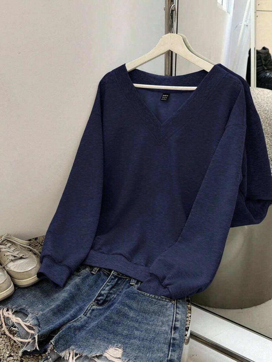 SHEIN EZwear 海军蓝女士V领宽松休闲套头连帽卫衣，适合秋冬季穿着 - 藏蓝色 - 查看 1