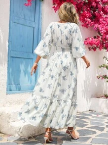 Vivid Eden 女士休闲度假浪漫V领束腰连衣裙 - 彩色 - 查看 2