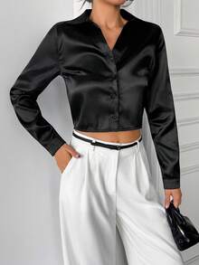 EURMUSE Cropped Long Sleeves Satin Blouse, V-Neck Style, Party Wear, Fitted Cut, Satin Look Material, Evening Fashion, Dressy Style, Sophisticated Design, Chic Fashion, Festive Wear, Modern Cut - Black - View 5