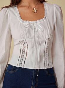 Enchnt Autumn And Winter Romantic Women Elegant Commuter White Lace Trim Square Collar
Puff Sleeves  Blouse, Suitable For Vacation,Sweet&Date&Holiday&Graduation&Beach,Fall Blouse For Women,Fall Clothes,Bohemian Clothes