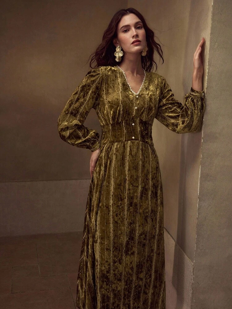 VELVET V-NECK BEADED DECOR LANTERN SLEEVE A-LINE DRESS