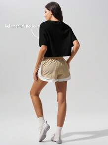 Fluxe Camiseta casual impermeable de mujer de unicolor, cuello redondo, hombros caídos y manga corta