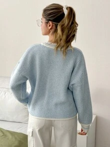 EURMUSE 淡藍色紋理針織毛衣配奶油色飾邊 – 寬鬆版型華夫格針織套頭女款毛衣 套頭毛衣 淺藍色套頭 羅紋毛衣,毛衣,毛衣,聖誕毛衣,白色毛衣,黑色毛衣,女士毛衣,女款毛衣 - 淺藍色 - 查看 2