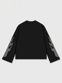 ROMWE MEN Street Life Men's Blurred Portrait Print Long Sleeve T-Shirt, Loose Cropped Fit, For Fall, 2000s Style - Black - View 2