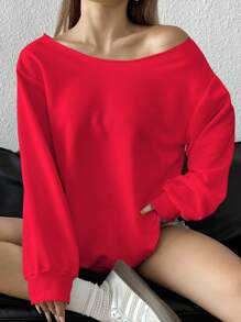 SHEIN EZwear 大码女式黑色露肩宽松纯色休闲长袖运动衫，适合秋冬季