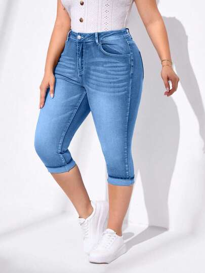 EURMUSE Plus Size Women's Stretchy Casual Blue Denim 7/8 Pants