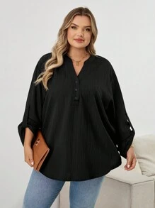 SHEIN CURVE+ Plus Size Textured Black Blouse: Button-Front, Roll-Tab Sleeve, Casual Top,Teacher Shirtsfall Clothes For Women,Winter,CURVE PLUS
