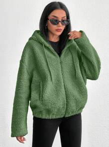 EURMUSE 100%Cotton Zip Up Drop Shoulder Hooded Teddy Jacket - Green - View 4