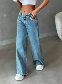 SHEIN PETITE 100%纯棉低腰毛边雪花洗阔腿牛仔裤