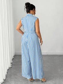 Elenzga 大码女式优雅条纹无袖连体裤 - 藍色 - 查看 2