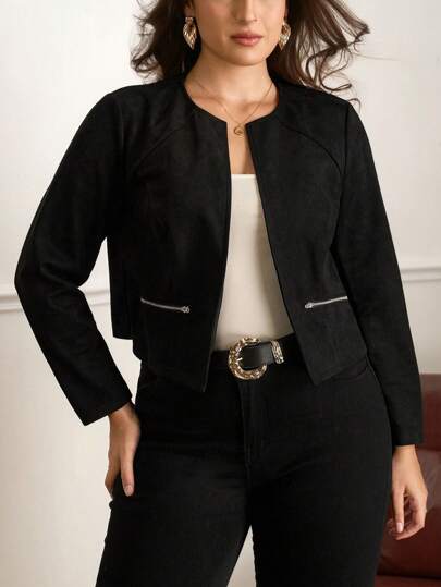 Chikora 大码女式优雅纯色圆领常规肩部长袖短款外套，适合秋冬季穿着。