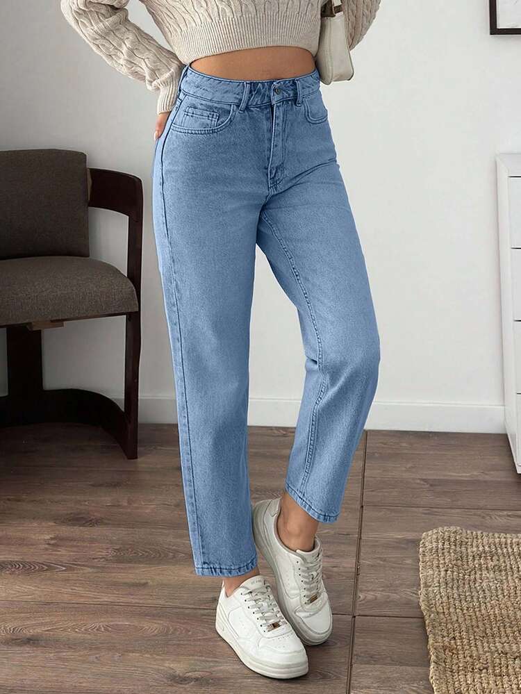 EURMUSE Women's High Waist Pocket Tapered Casual Versatile Jeans - Baby Blue - View 3