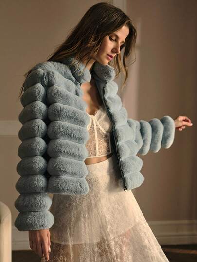 MOTF PREMIUM 纯色高领拉链门襟仿皮草大衣