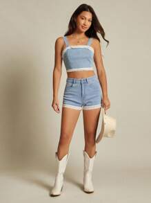 WESTFADE 西部混合材质棉混纺牛仔布和夏季花卉孔眼方领修身荷叶边背心，适合返校季，可爱秋季乡村夏季海滩度假 - 淺色水洗藍 - 查看 1