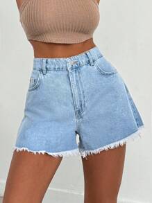 EURMUSE 100%纯棉女士浅蓝色毛边水洗牛仔短裤 - 淺色水洗藍 - 查看 6
