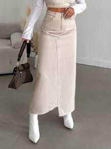 EURMUSE Cao eo Bất đối xứng Raw Hem Váy Denim - Màu be - Xem 5