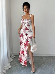 SHEIN Elenzya Váy thiết kế xẻ tà, thắt nơ eo, dây mảnh dành cho nữ mới, đa năng cho các buổi hẹn hò, tiệc tùng, mặc hàng ngày, tôn dáng và thanh lịch - Đỏ - Xem 5