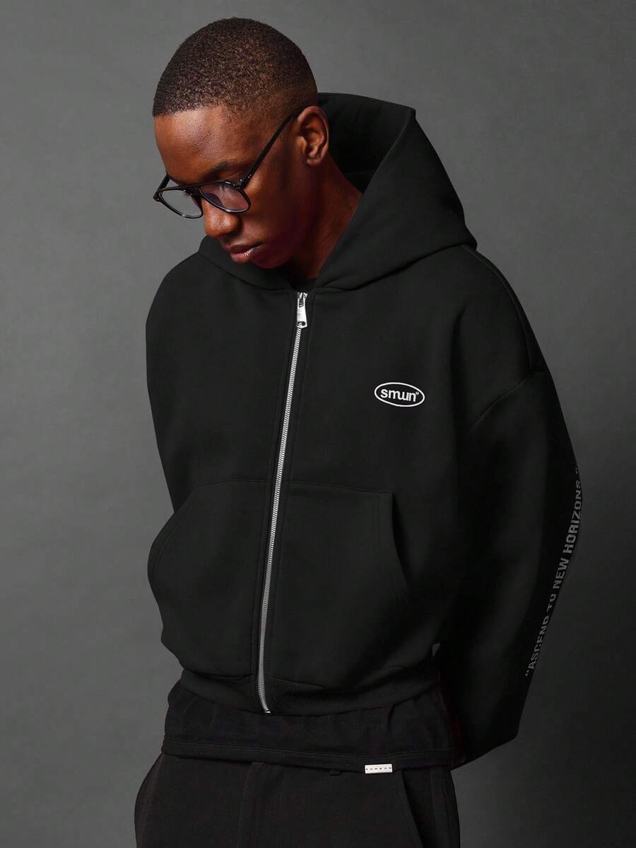 SUMWON 简约休闲短款拉链连帽衫 - 黑色 - 查看 1