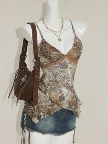 SHEIN ICON Áo hai dây họa tiết Paisley cổ điển dành cho nữ mùa hè - Màu Khaki - Xem 8