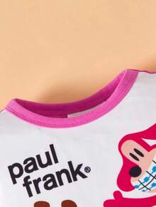 Paul Frank X SHEIN Bộ đồ liền thân dài tay dài cổ tròn in hình khỉ hoạt hình dễ thương cho bé trai màu hồng thoải mái - Hồng - Xem 4