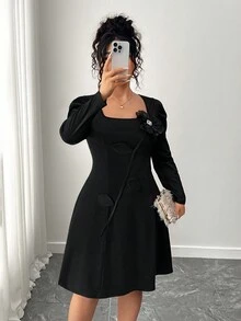 Elenzga Plus Size Women's 3D Floral Square Neck Long Sleeve Dress, Elegant, Soft, Retro, Luxury, Romantic Maxi Dress Fall Cloth For Women - Black - View 6