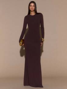 SHEIN BAE 纯棕色长袖性感露背修身优雅加长美人鱼连衣裙，优雅连衣裙，秋冬加长针织连衣裙衬里 - 棕色 - 查看 3