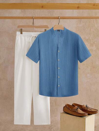 Manfinity NXTstreet 2pcs Men's Casual V-Neck & Stand Collar Short Sleeve Woven Shirt & Pants Set, Cozy Outfits