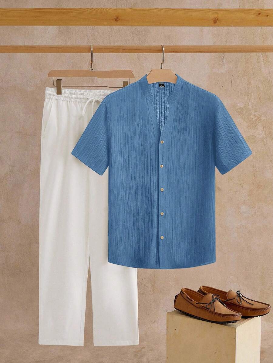 Manfinity NXTstreet 2pcs Men's Casual V-Neck & Stand Collar Short Sleeve Woven Shirt & Pants Set, Cozy Outfits - Blue - View 1