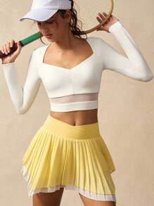 VARSIVA Women's Overlap Waist Pleated Asymmetrical Hem 2 In 1 Sports Skort Yellow Tennis Skirt Workout Skirt - Multicolor - View 2