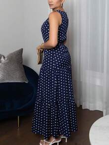 Melissa Matos Polka Dot Sleeveless Ruffle Hem A-Line Dress Maxi Women Outfit - Navy Blue - View 4