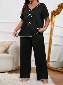 Plus Size Women Spring Color Block Top & Pants Pajama Set With Bowknot Decoration And Lettuce Trim, Outfits - Black - View 5