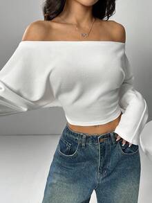 SHEIN EZwear Camiseta de manga larga de unicolor para mujer, prenda de vestir casual de estilo minimalista para uso diario - Blanco - Ver 6