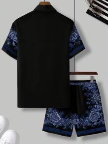 Manfinity RSRT Bộ áo sơ mi và quần short in họa tiết thường ngày cỡ lớn cho nam - màu đen - Xem 2