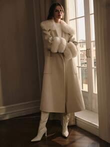 MOTF PREMIUM WOOL CONTRAST FUZZY DETAIL PATCH POCKET BELTED OVERCOAT - Beige - View 5