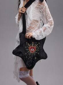 ROMWE Grunge Punk 万圣节红心眼水钻、星星、月亮、十字架、剑创意设计 Y2K 朋克风格女士黑星毛绒斜挎包