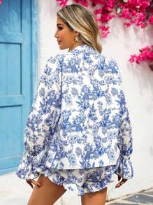 Vivid Eden 女式花卉印花长袖衬衫和短裤休闲两件套 - 藍色 - 查看 2