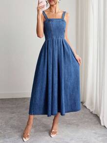 Elenzga Women's Solid Color Minimalist Everyday Sleeveless Washed Pleated Long Denim Dress ,Casual Elegant Lady