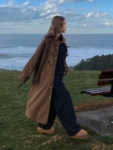 DAZY 女士纯色宽松长袖高领牛角扣口袋休闲街头加厚外套，秋冬款 - 棕色 - 查看 6