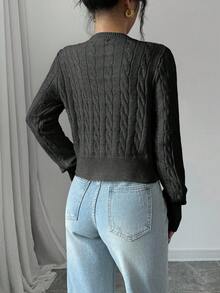 EURMUSE 女士纯色简约短款长袖毛衣，日常穿着 - 深灰色 - 查看 2