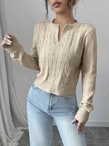 EURMUSE Áo len ngắn cổ chữ V họa tiết cáp xoắn dành cho nữ - Màu be - Xem 3