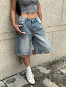 EURMUSE Damen Einfarbige Lässige Jeans Shorts - Helle Waschung - Übersicht 1