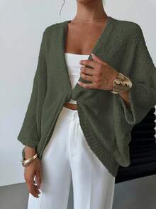 EURMUSE Women's Crossed V-Neck Loose Elegant Minimalist Sweater - Army Green - View 3