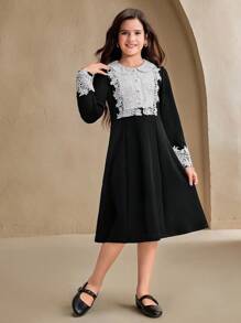Tween Girls' Colorblock Patchwork Long Sleeve Dress Wedding, Party,Prom, Birthday,Halloween,Graduation - Black and White - View 6