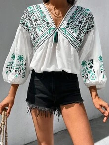 SHEIN Cottnline Blouse With Flower Embroidery, Lantern Sleeves - White - View 4