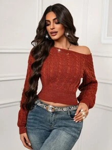SHEIN LUNE Halloween Sexy Oblique Shoulder Gold Thread Orange Long Sleeve Waist Fitted Knit Sweater, Suitable For Commuting, Autumn/Winter,Maillard Style - Orange - View 3