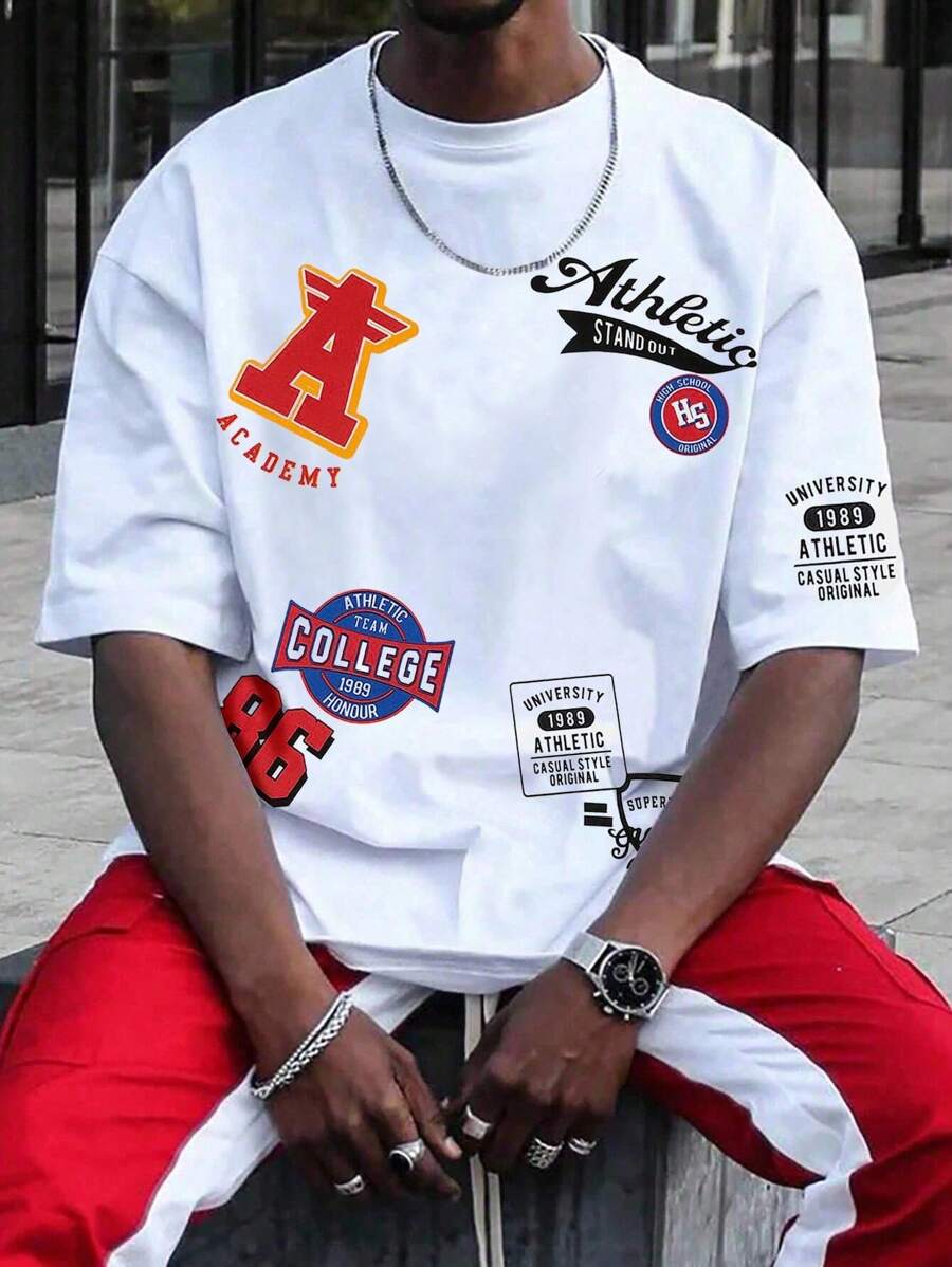 Manfinity LEGND 男士圆领休闲短袖 T 恤，带字母图案印花，适合外出，男友礼物 - 白色 - 查看 1