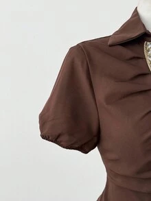 Sunspun Minimalist V-Neck Ruffle Trim Fitted Solid Color Blouse - Brown - View 5