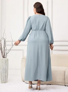 Veilorie Robe élégante à manches lanternes, col rond, avec décoration de perles fausses et nœud sur le côté pour femmes grandes tailles - Vert - Voir 3