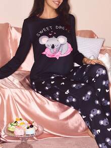 可爱考拉印花女士长袖上衣长裤睡衣套装，秋季甜梦睡衣套装，秋冬服装