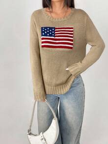 SHEIN PETITE Women 4th Of July American Flag Pattern Round Neck Casual Long Sleeve Sweater Autumn Winter Clothes For Women - Khaki - View 5